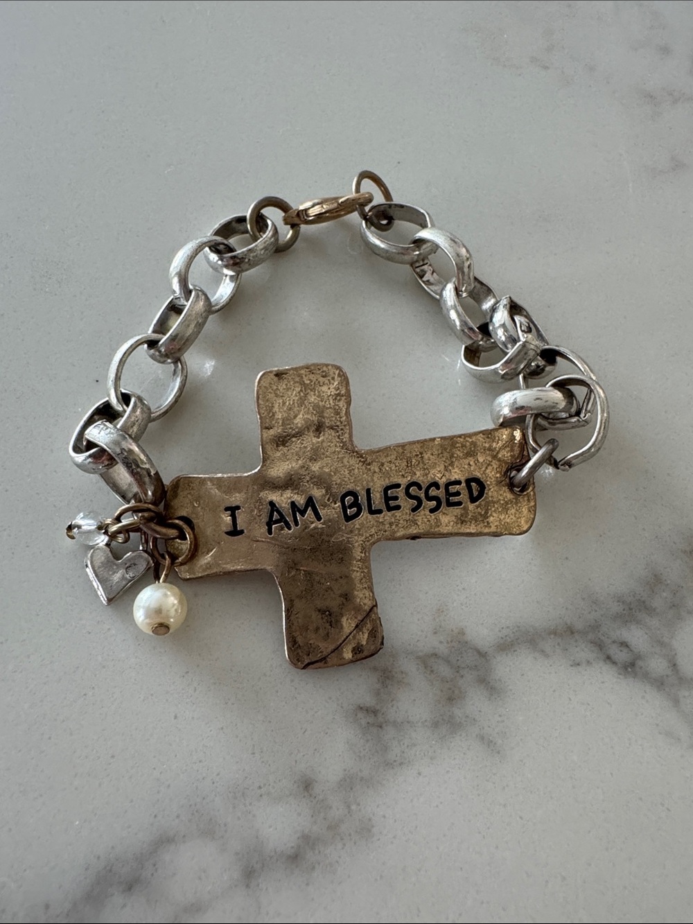 I AM BLESSED Cross Charm Bracelet - Mixed Metal
